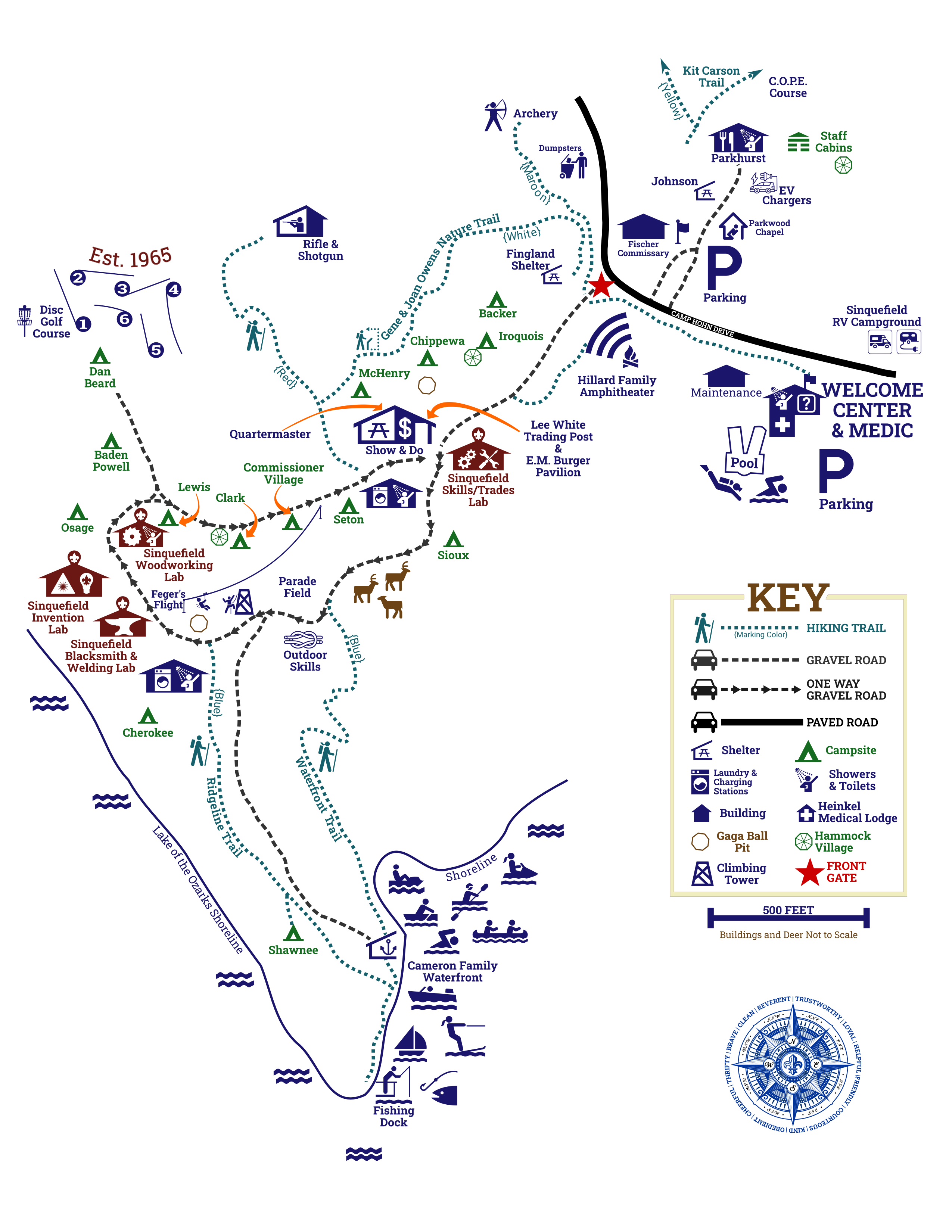 Map of Lake of the Ozarks Scout Reservation showing campsites, program areas, and trails