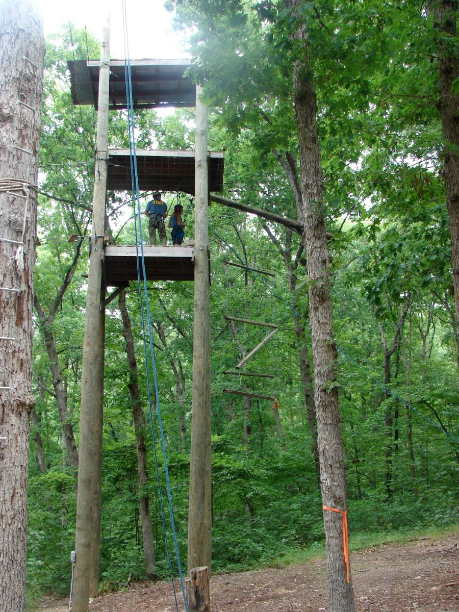 C.O.P.E. high ropes tower in the woods at Camp Hohn